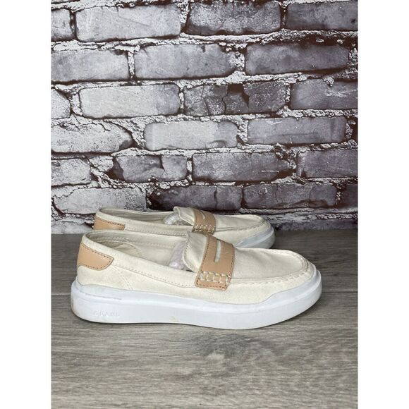 Cole Haan White Canvas Fabric Tan Penny Casual Slip On Shoes Women 6.5M US/37EU - Picture 1 of 16